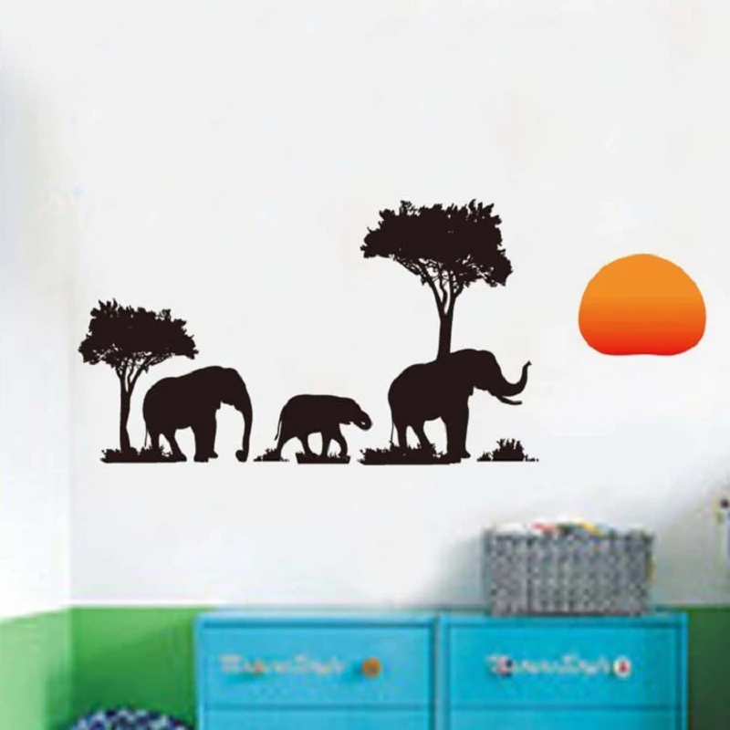 

Elephant walks in the forest under the setting sun DIY wall sticker Removable Vinyl Decals For Living Room background Bedroom