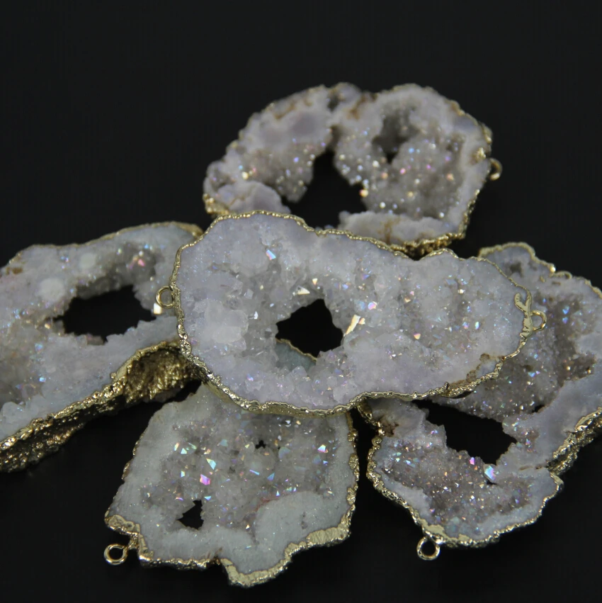 5 шт. натуральный белый AB Друза кусочки разъемов ожерелье позолоченные круглые