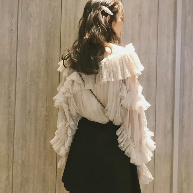 Шифоновые блузки из плиссированной газовой ткани с объемными оборками рубашка