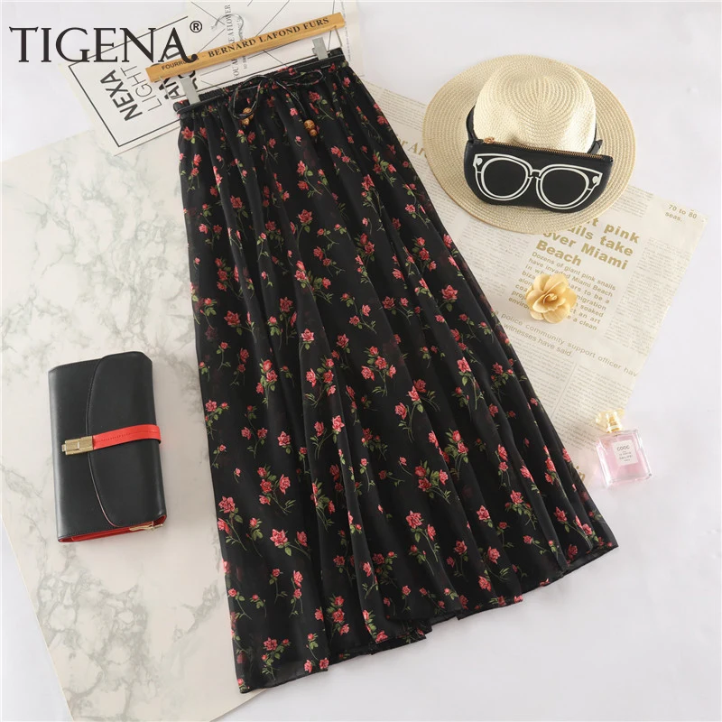 

TIGENA Floral Print Chiffon Long Skirt Women Fashion 2021 Summer Korean Casual Holiday High Waist Maxi Skirt Female Sun Skirt