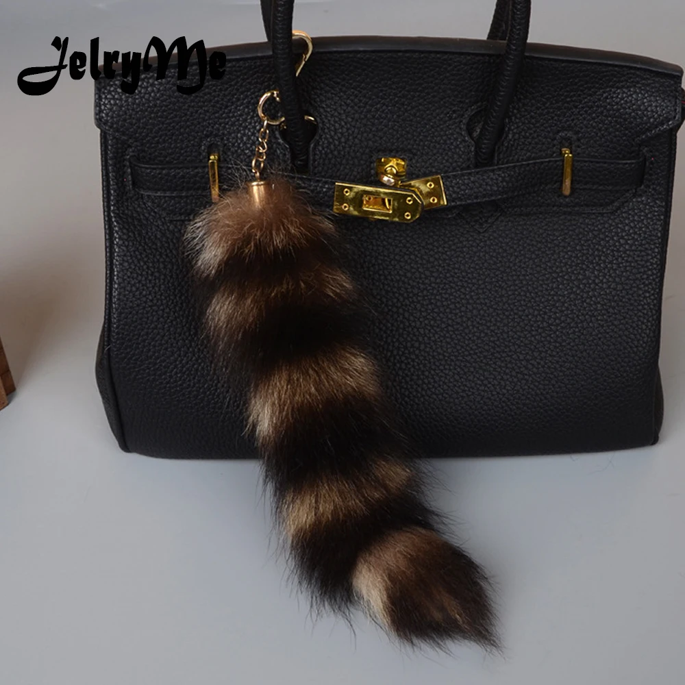 25CM Length Real Raccoon Fur Stripe Tail Keychain Charms Women Handbag Pendant Pompom Key Rings Car Styling Tassel Chians | Украшения и