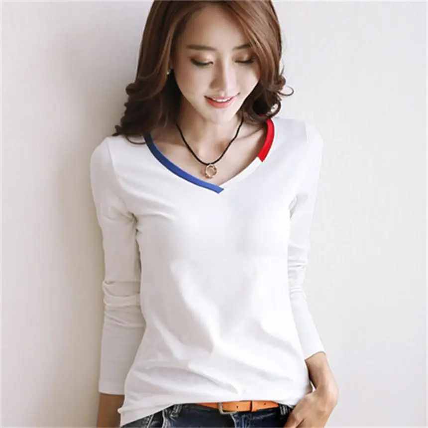 Белая футболка с v образным вырезом и длинными рукавами Женская хлопковая