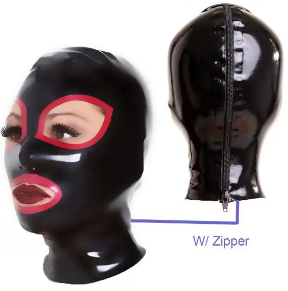 L with zipper Латекс капот маска праздничные резиновые колпаки SM маска с красной отделкой формы глаза и рот нос открытый черный Хэллоуин Латекс Фетиш маска - Цвет: L with zipper