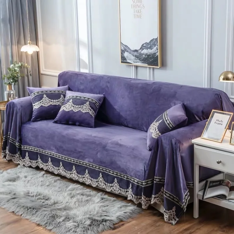 purple Роскошный Европейский чехол для дивана, высококачественный диван-полотенце с элегантным кружевным декором, короткий плюшевый тканевый чехол для дивана, чехлы для дивана - Цвет: purple