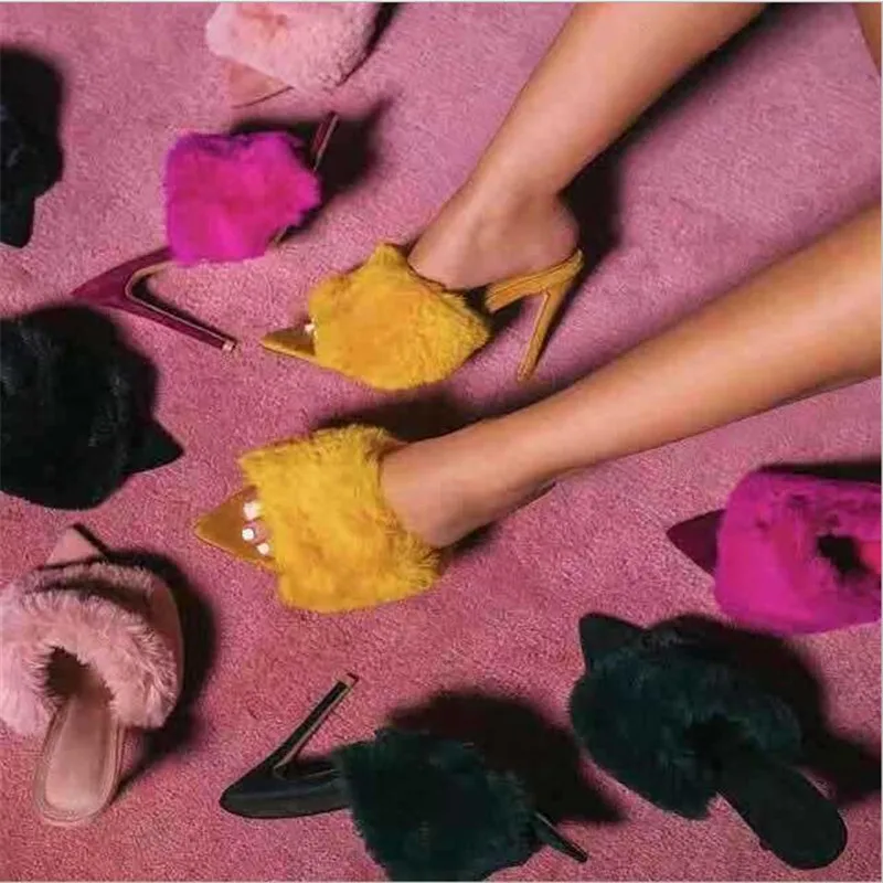 2019 Европейский станция яркие сандалии роскошный мех кролика босоножки на