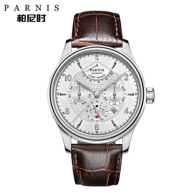 power reserve1 Модные механические мужские часы Parnis 42 мм с кожаным ремешком Miyota 9100, автоматические мужские часы с датой и фазой Луны - Цвет: power reserve1