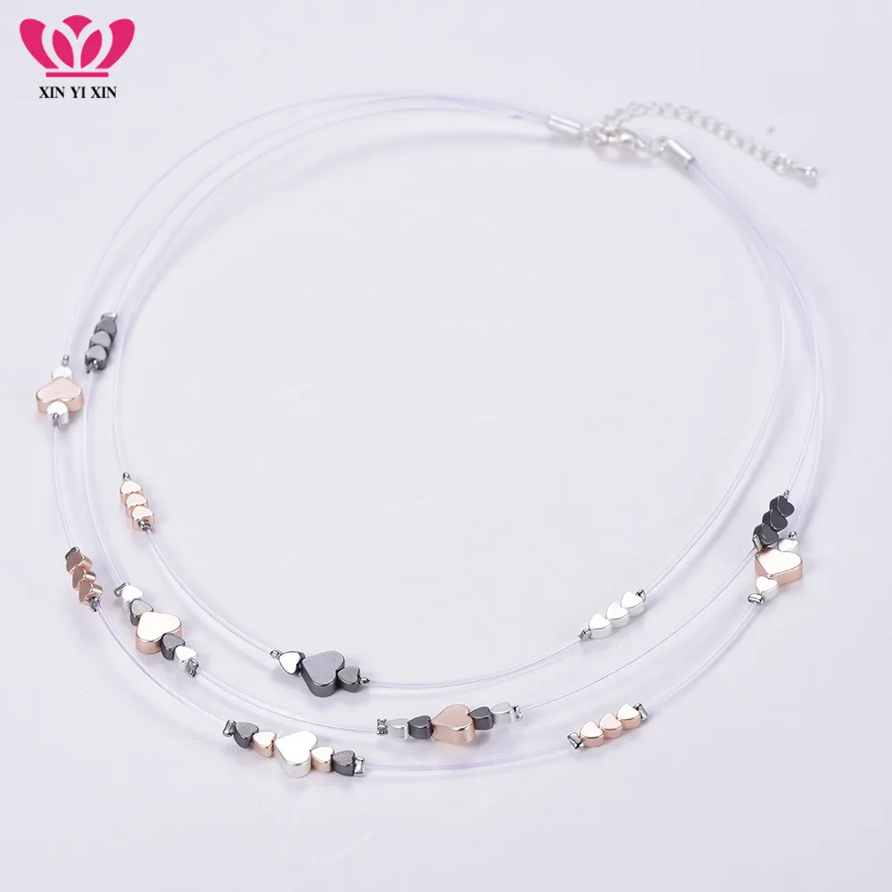 

Bohemia Simple Fashion Heart Beads Necklace Women Multi Layers Fish Line Invisible Chain Choker Necklace Female Jewelry Gift