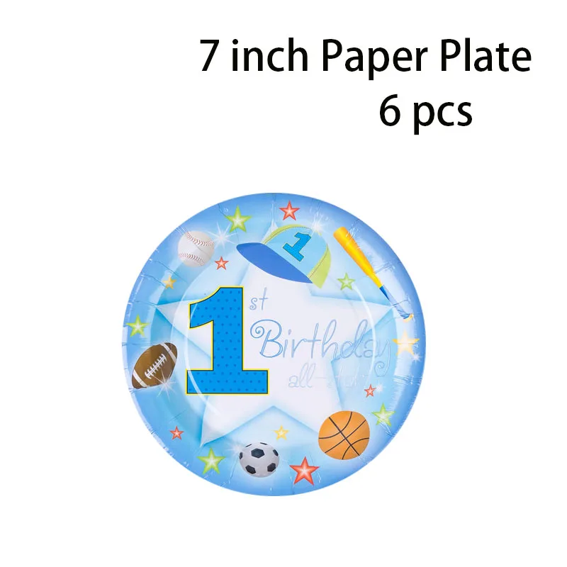 7 inch plate 6 Pcs 1-я Спортивная Тема дети с днем рождения украшения для мальчика Одноразовый бумажный стаканчик, тарелка салфетки скатерть для душа - Цвет: 7 inch plate 6 Pcs