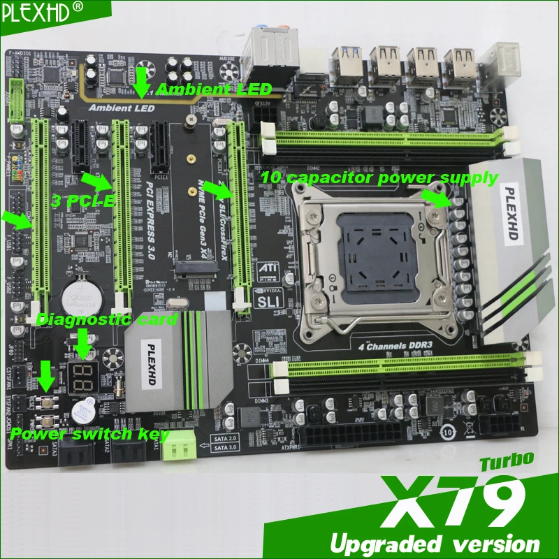 PLEXHD X79 Turbo материнская плата LGA2011 ATX combos E5 1650 V2(4 шт. x 8 ГБ) 32 Гб 1866 МГц PC3 14900R PCI-E NVME M.2 SSD USB3.0 SATA3