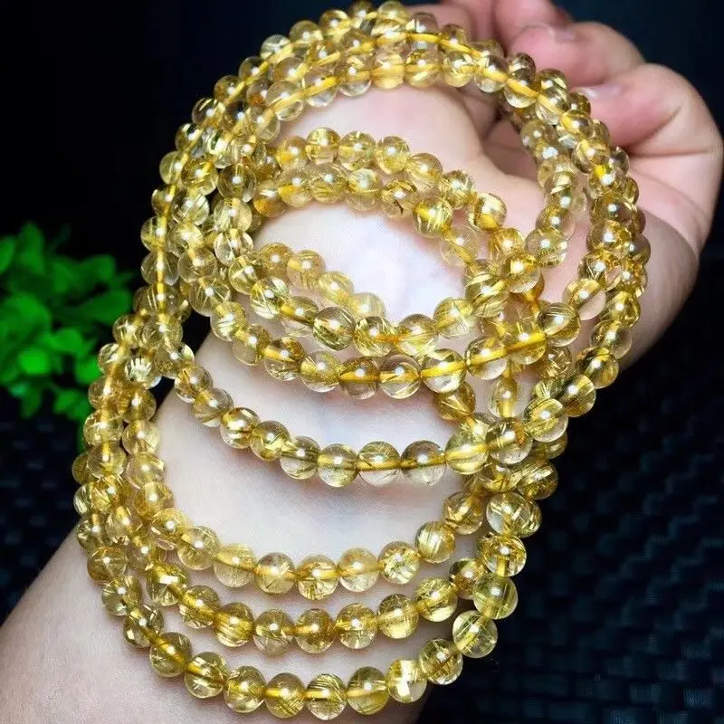 

5.7mm Natural Gold Rutilated Quartz Titanium Stretch Crystal Beads Bracelet