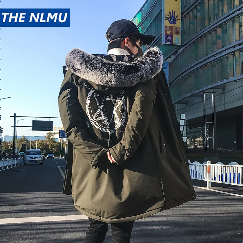 2018 Модная парка с принтом в стиле хип хоп Длинная зимняя мужская куртка капюшоном