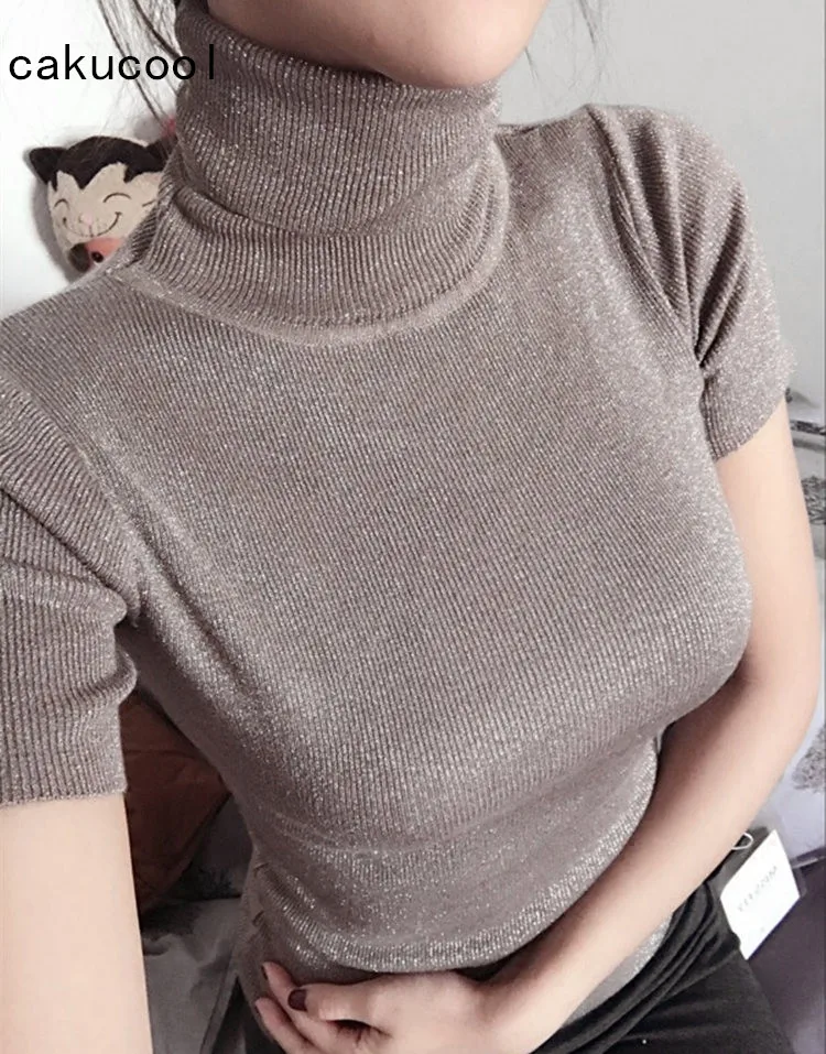 

Cakucool Women Summer Knitted tshirt Short Sleeve Turtleneck Slim Tee Tops Silver Lurex Bling Korean Pullover Top T Shirt Femme
