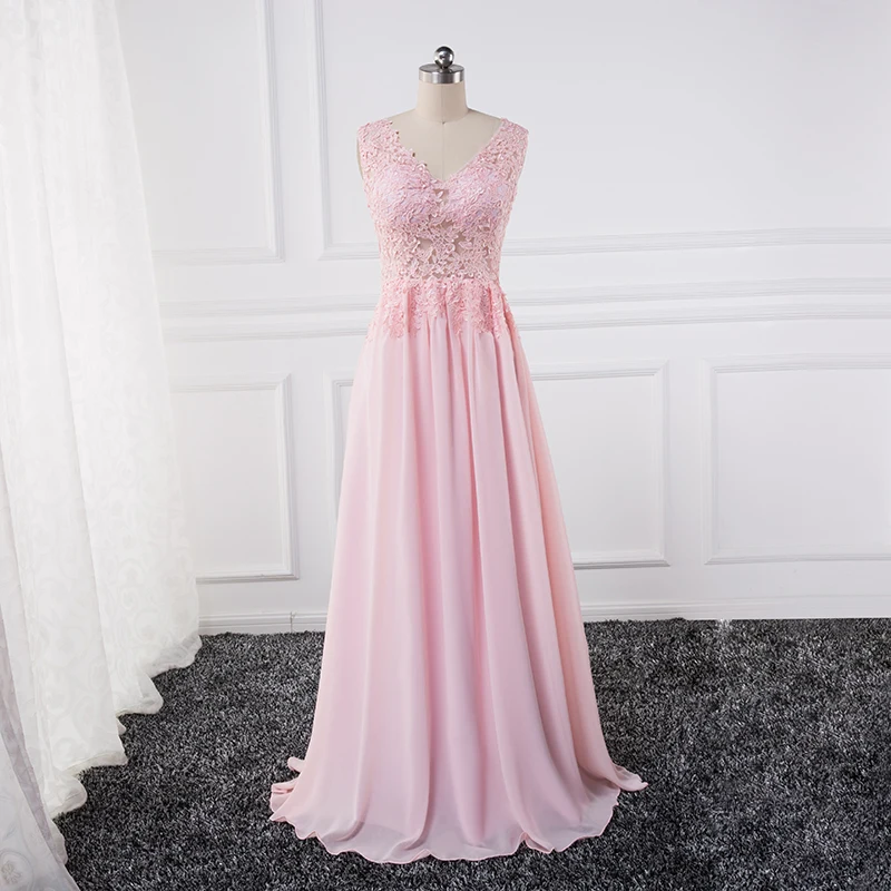 

Sexy see through Lace Appliques Evening Dresses 2018 plus vestido de noche Pink Party Prom Dress Formal Dresses chiffon flowy