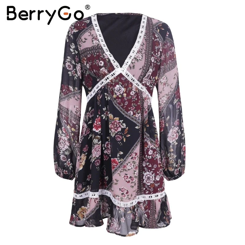 BerryGo зимнее платье с рюшами и цветочным принтом женское осеннее v-образным