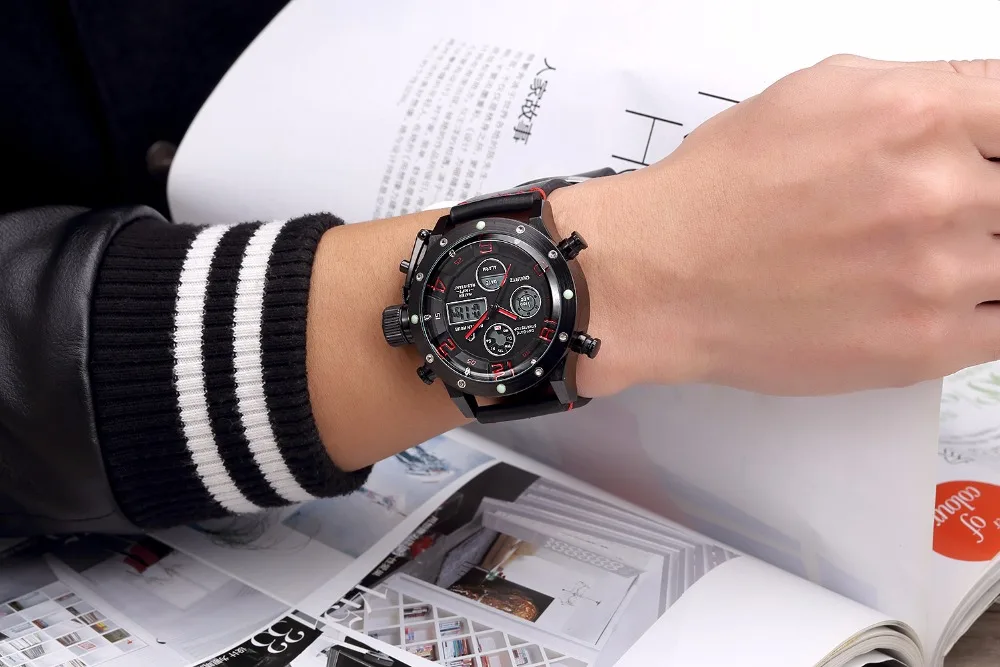 

GOLDENHOUR Men Genuine Leather Strap Watches Man Watch Dual Display Wristwatches Digital LED Army Military Sport Relojes Hombre