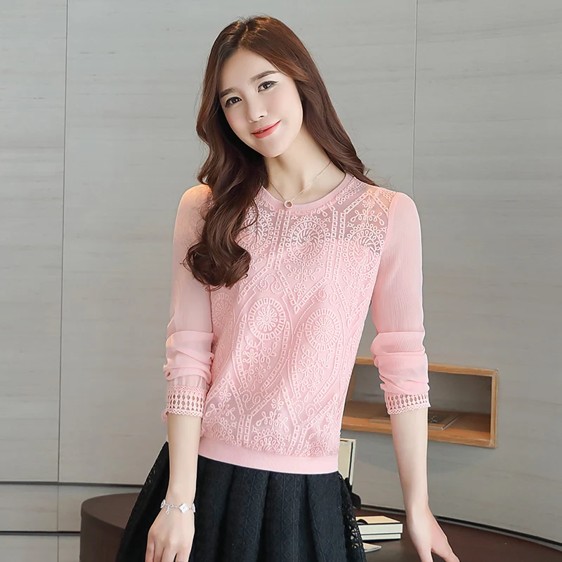 2017 Корейская стильная шифоновая кружевная женская блузка с длинными рукавами