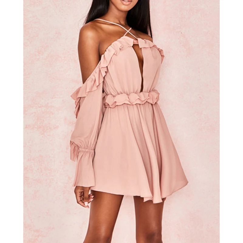 Сексуальное платье с лямкой на шее открытыми плечами оборками Повседневное для