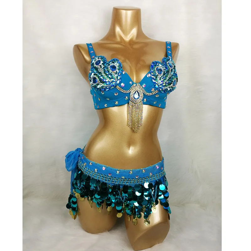 Turquoise Самбы для индийского беллиданса, платья с бусами ручной работы для бирюзового и красного цвета топ-Бюстгальтер и набедренный платок пояс 2 шт./компл - Цвет: Turquoise