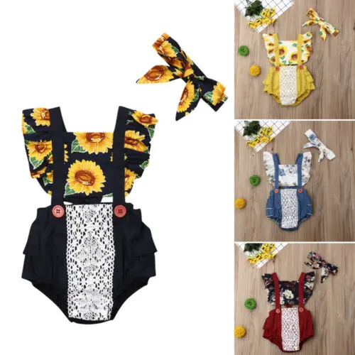 Pudcoco 2019 боди с цветочным кружевом и подсолнухами для маленьких девочек
