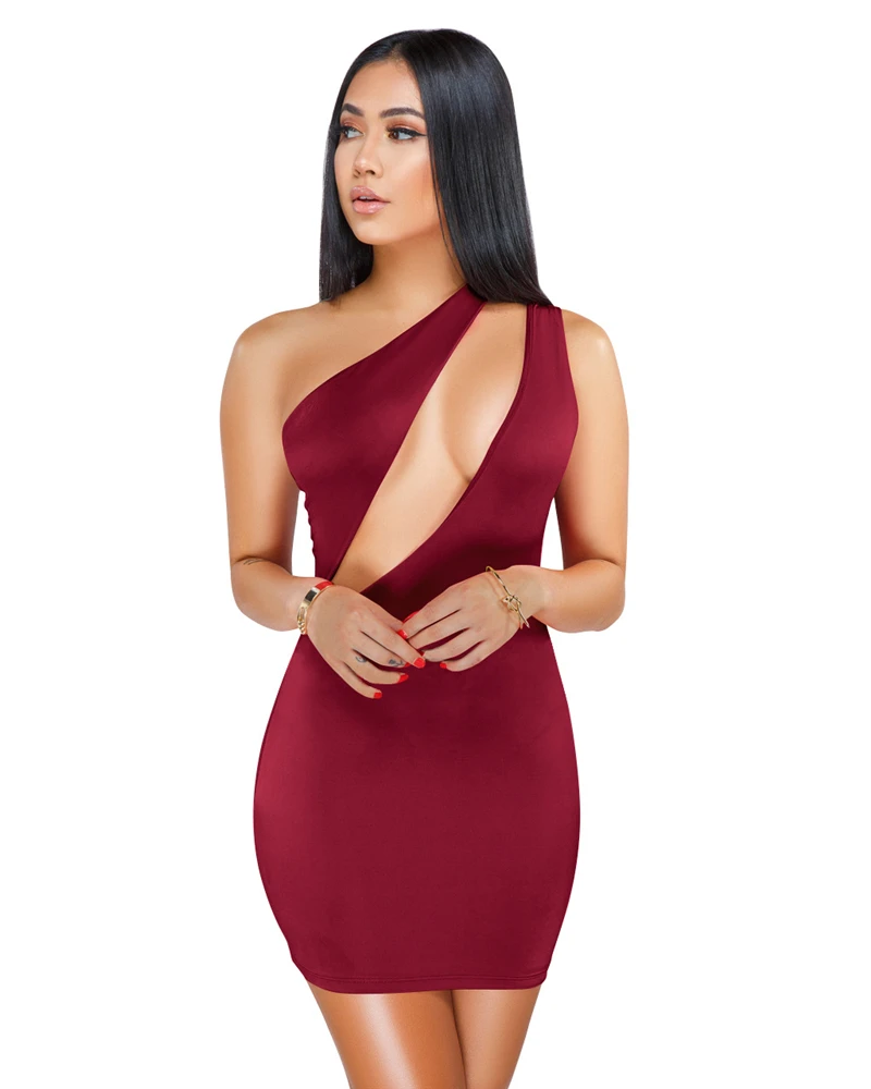 Adogirl Solid Hollow Out One Shoulder Bodycon Dress Women Sexy Sleeveless Sheath Mini Evening Party Dress Night Club Wear Outfit