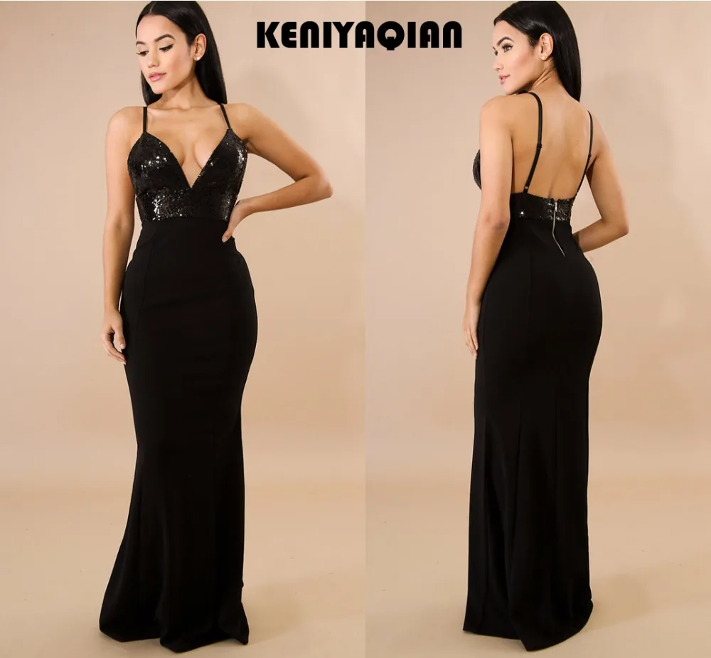 KENIYAQIAN Для женщин Sexy Глубокий V блестками вечерние платья Твердые спинки до пола
