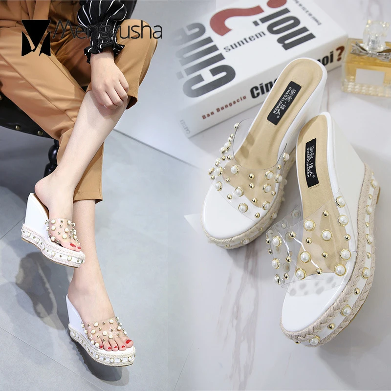 Обувь для девочек Жемчужное Украшение прозрачные Вьетнамки Летние туфли с