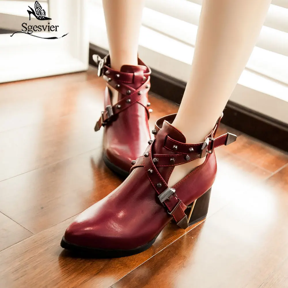 

Sgesvier Autumn 2019 Woman Shoes Black Buckle Straps Ankle Riding Boots Pointed Toe Thick Heel Hollow Gladiator Boots Women G610
