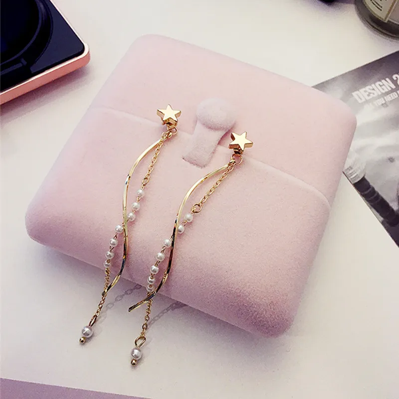 Fashion Korean Women Simulated-pearls Star Drop Earrings Elegant Geometric Tassel Dangle Long Jewelry | Украшения и аксессуары
