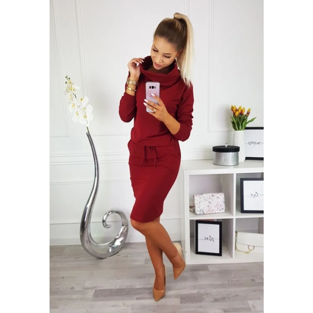 VITIANA Women Pencil Dress Female Autumn Solid Black Long Sleeve Knee-length Elegant Belt Loose Casual Office Work Dresses | Женская