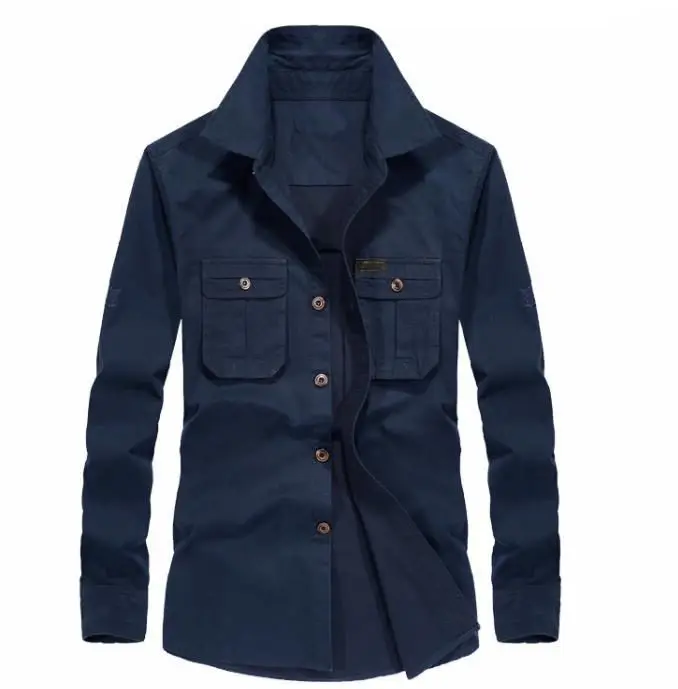 Dark blue Осенние Рубашки, новинка, мужская рубашка для отдыха с длинным рукавом, мешковатые рубашки в стиле милитари, Свободные повседневные рубашки для мужчин размера плюс XXXL - Цвет: Dark blue