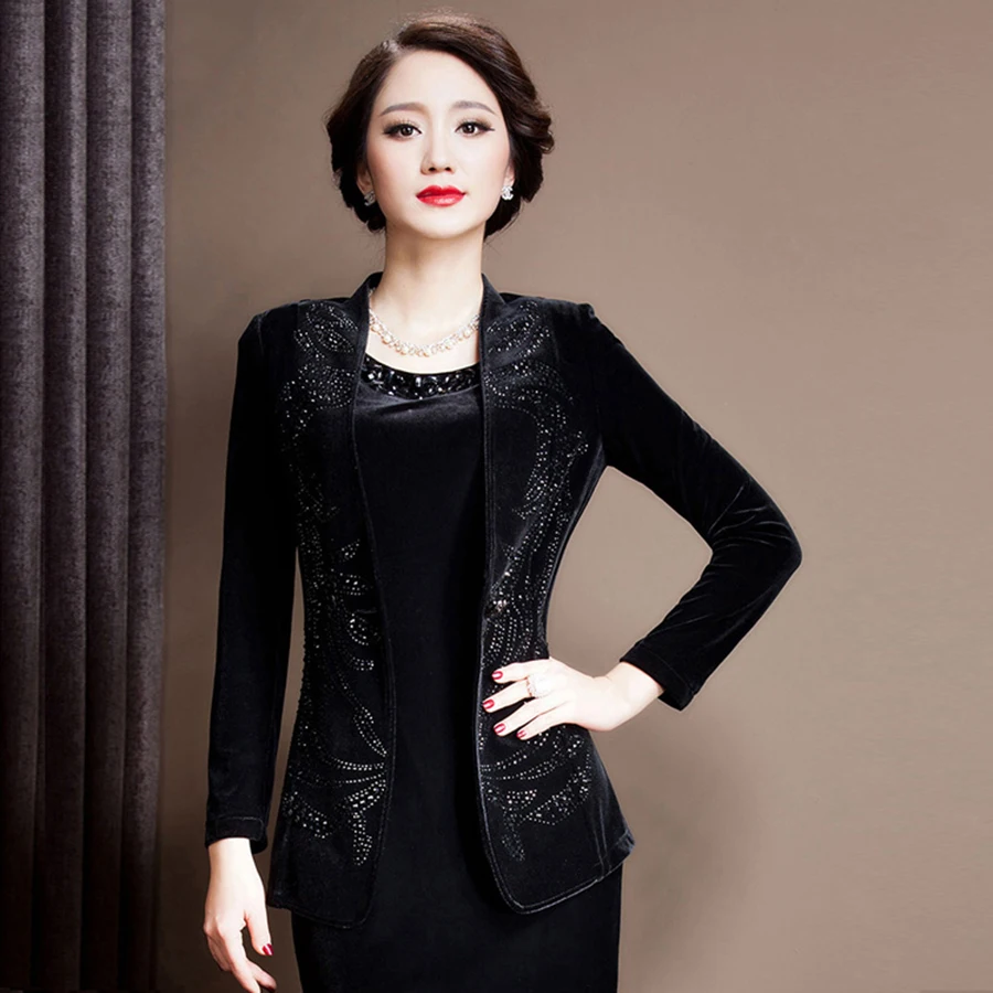 Черный Принт бархатный блейзер Для женщин Блестки офис жакеты минималистский