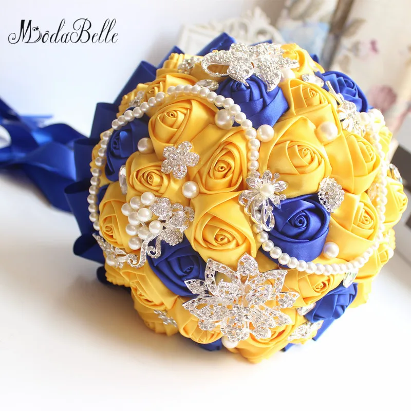 

Modabelle желтый Королевский синий Свадебные букеты с кристаллами Свадебные букеты невесты Искусственные атласные розы невесты цветы 2017