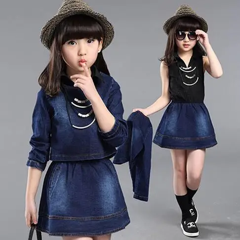 Модный Джинсовый комплект с юбкой для маленьких девочек платье отложным