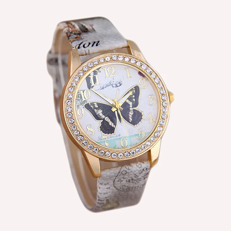 Женские повседневные часы красивые со стразами и цветком наручные с бабочкой |