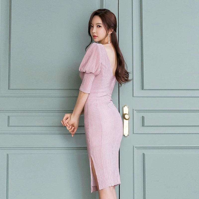 Винтажное элегантное женское платье карандаш с v образным вырезом и рукавом