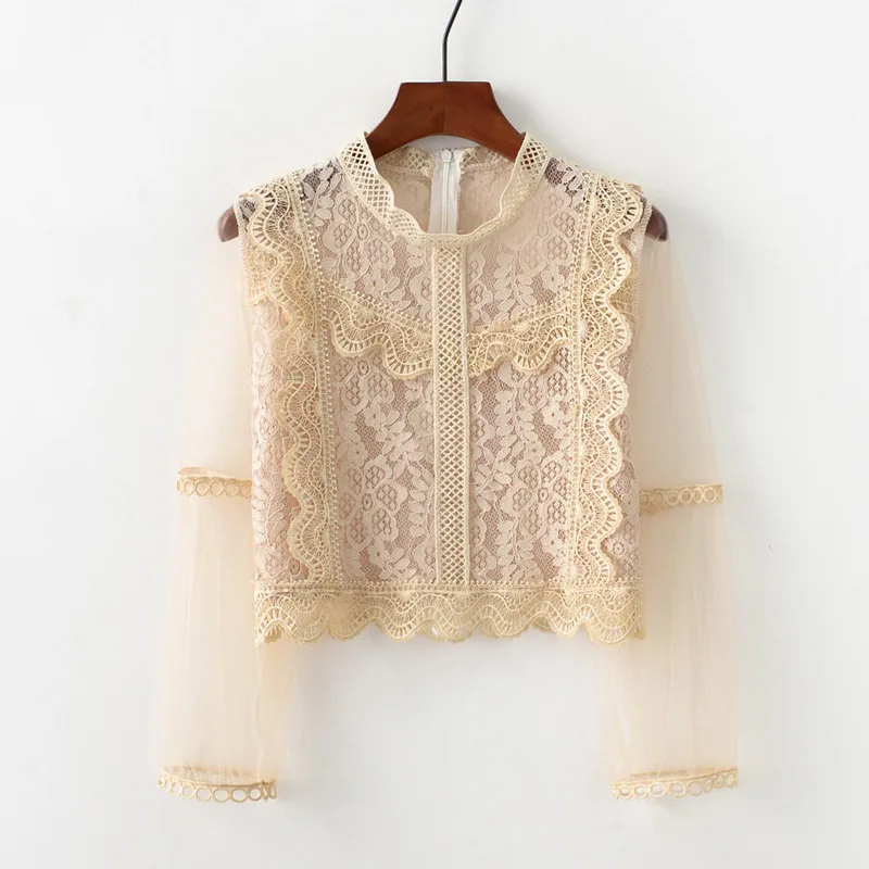 Летняя и Европейская Новинка кружевная ажурная рубашка с длинным рукавом