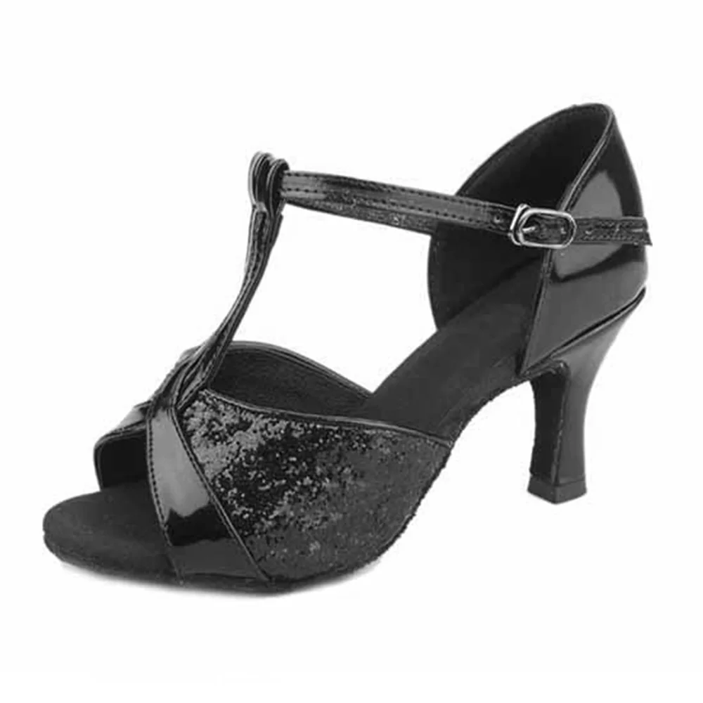 7CM black Новая брендовая танцевальная обувь для танго, латинских танцев, атласная танцевальная обувь для девочек, бальные туфли для латинских танцев, женская обувь для танцев 5 см и 7 см черного цвета - Цвет: 7CM black