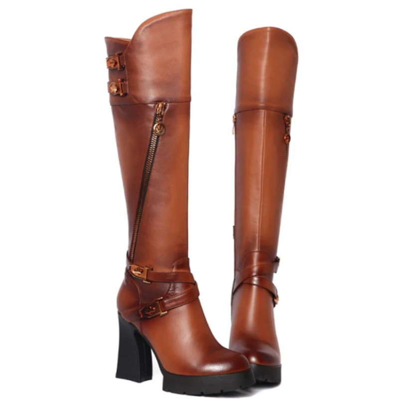 Женские ботинки из натуральной кожи на толстом высоком каблуке сезон осень зима