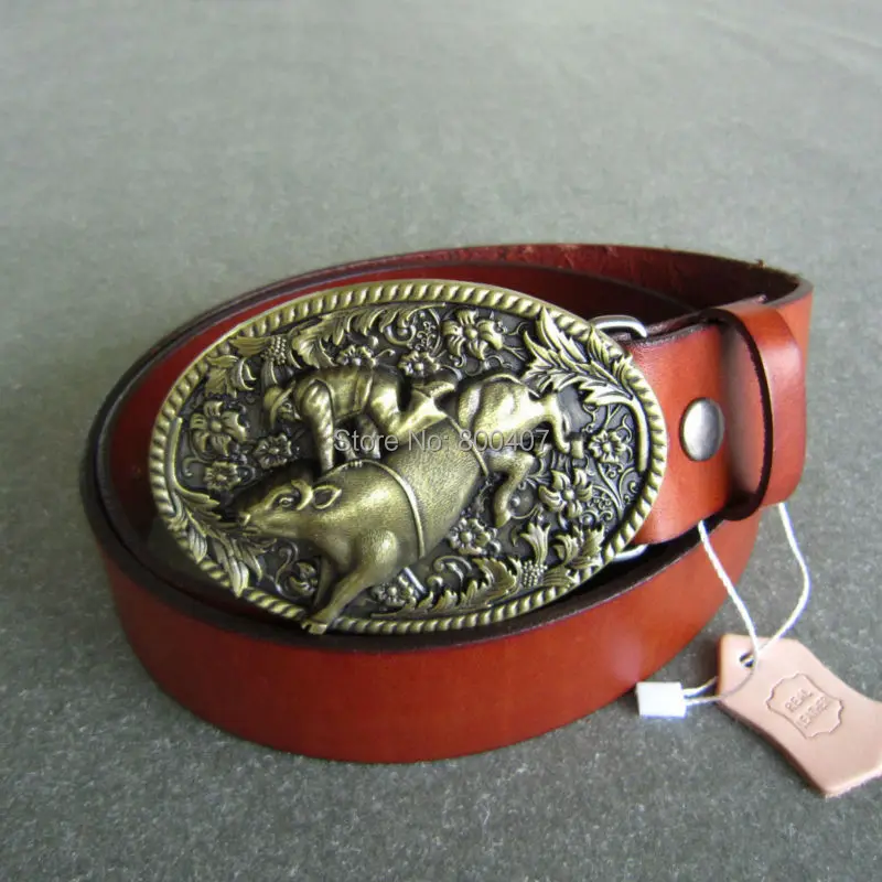 

Bronze Plated Rodeo Bull Oval Belt Buckle W Brown Genuine Leather Belt Gurtel Boucle de ceinture Free Shipping
