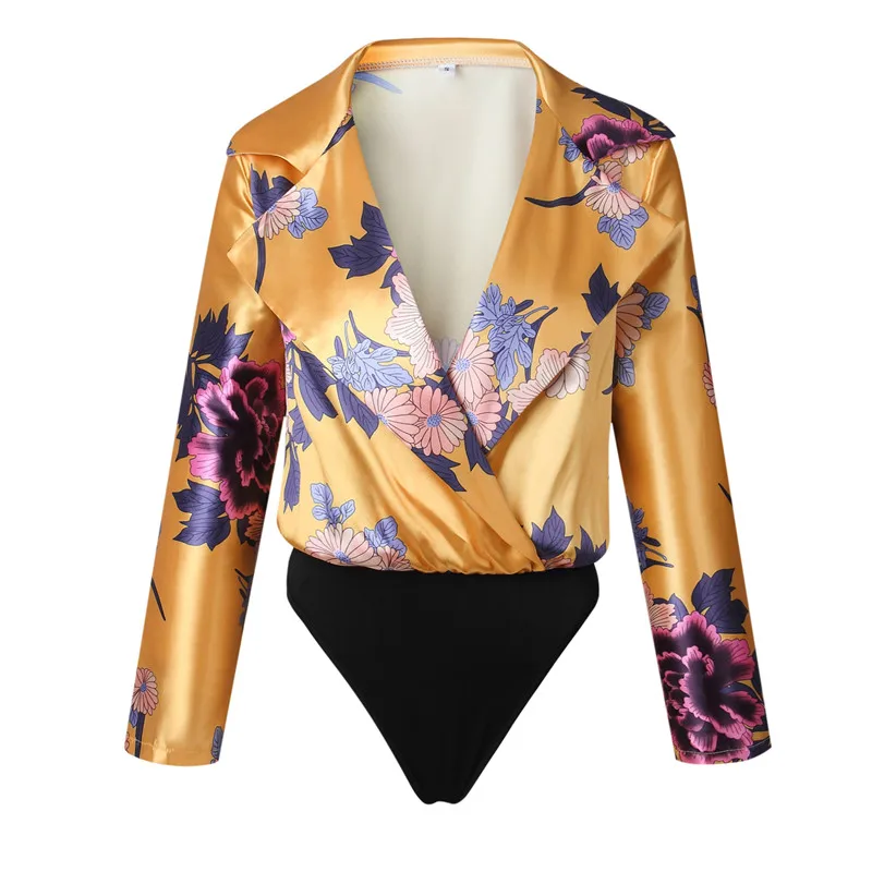 Sexy Slip Satin Chiffon Bodysuit Women Romper Overalls for Body Suit Femme 2018 Spring Summer Floral Print Jumpsuit | Женская одежда