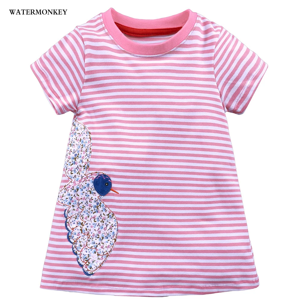 Летнее платье для девочек 2018 мультфильм птица вышивать узор в полоску детская