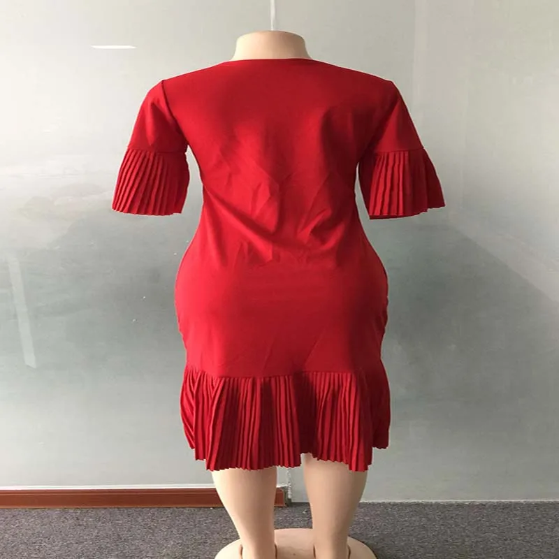 

Africa Clothing Women Solid Color Pleated Stitching Commuter Dress High Quality Flare Sleeve Ruffles O-Neck Dress Elegant Party