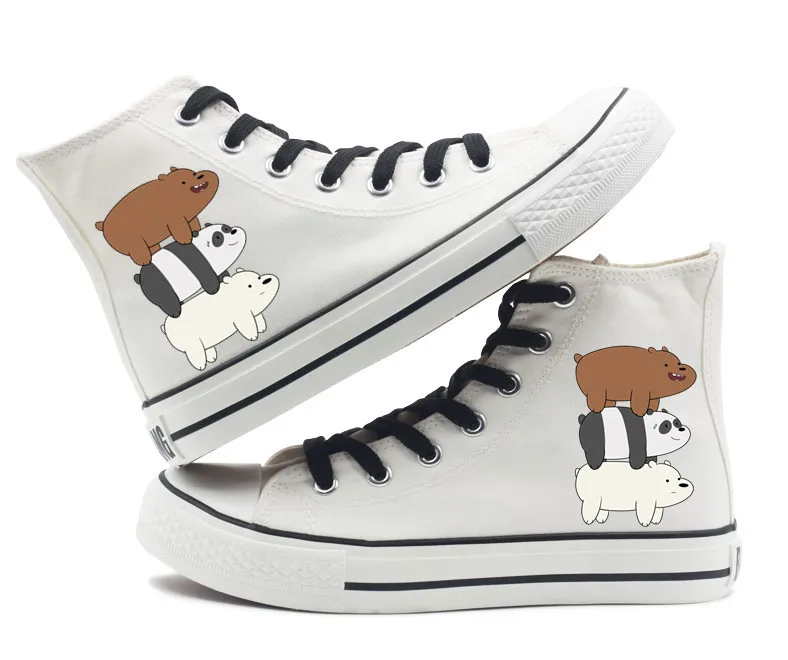 CN We Bare Bears/парусиновые туфли с принтом медведя из мультфильма для мужчин, женщин, мальчиков и девочек, унисекс, высокие парусиновые туфли на плоской подошве черного и белого цвета