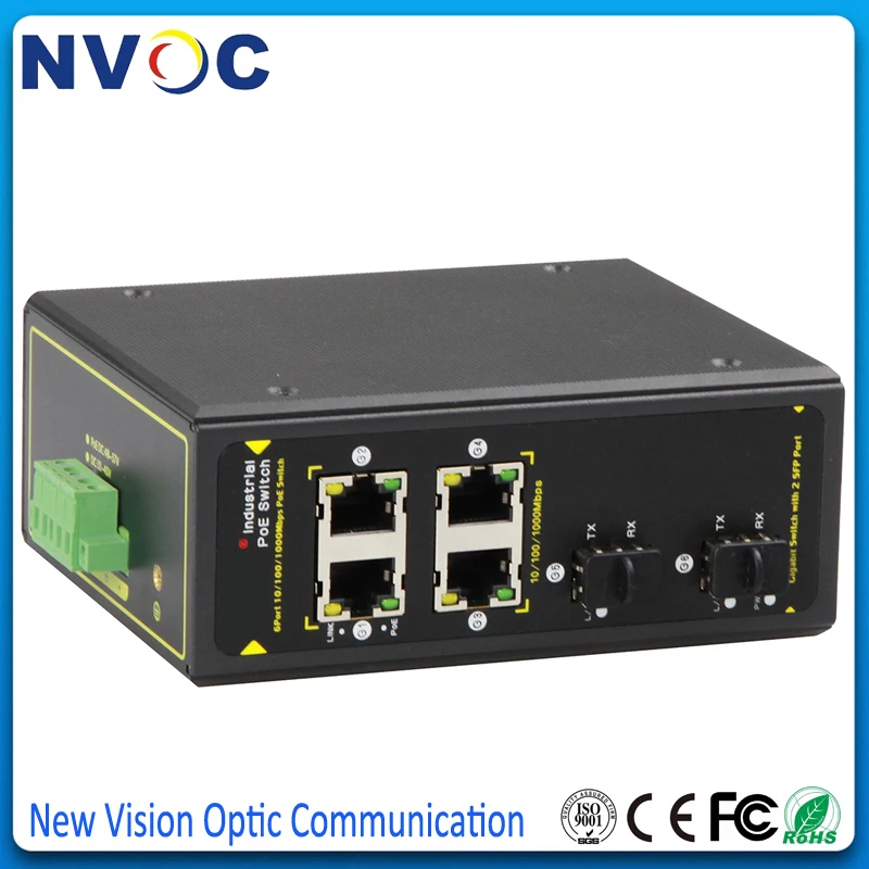 4-портовый POE 10/100/1000M IEEE802.3af/at + 2SFP 1000 м, 1000 м, неуправляемый двухслойный 6-портовый s полногигабитный Промышленный Коммутатор Ethernet SFP
