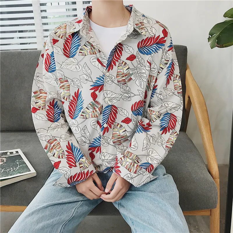 Гавайская Цветочная рубашка с длинным рукавом свободная Мужская летняя уличная