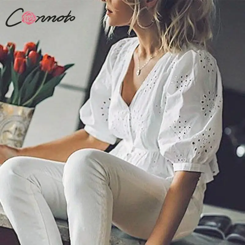 Conmoto Модные укороченные топы и блузки с вышивкой женские рубашки v образным