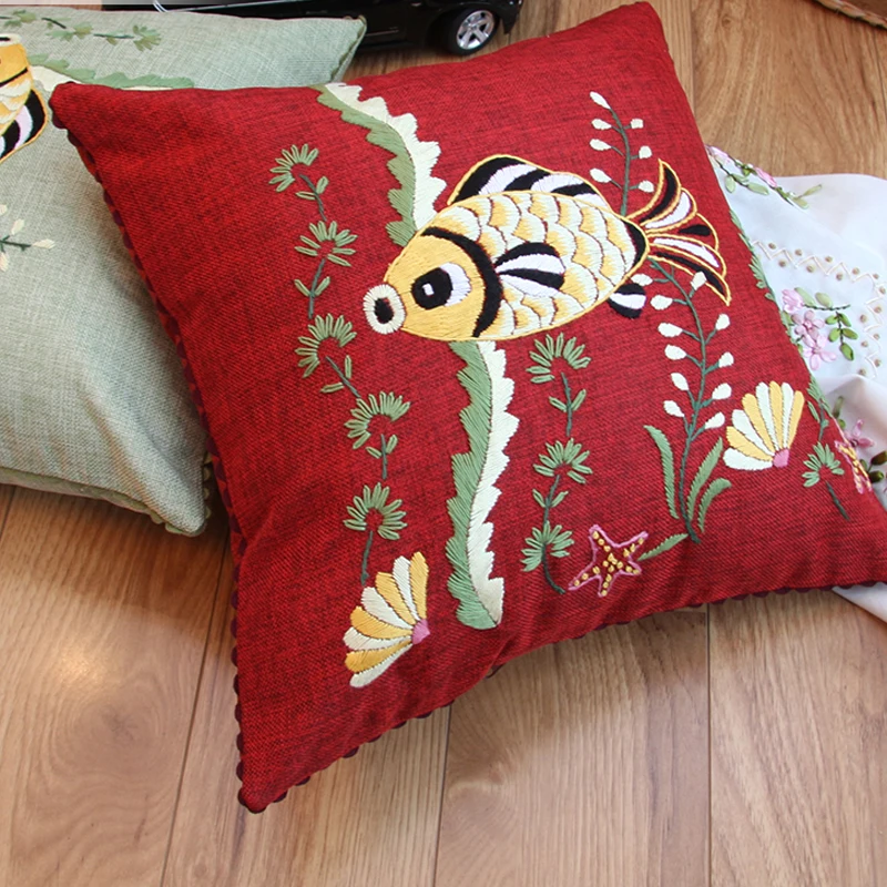 Милый набор с вышитыми рыбками подушка пеньковая чехол для рукоделия вышивка