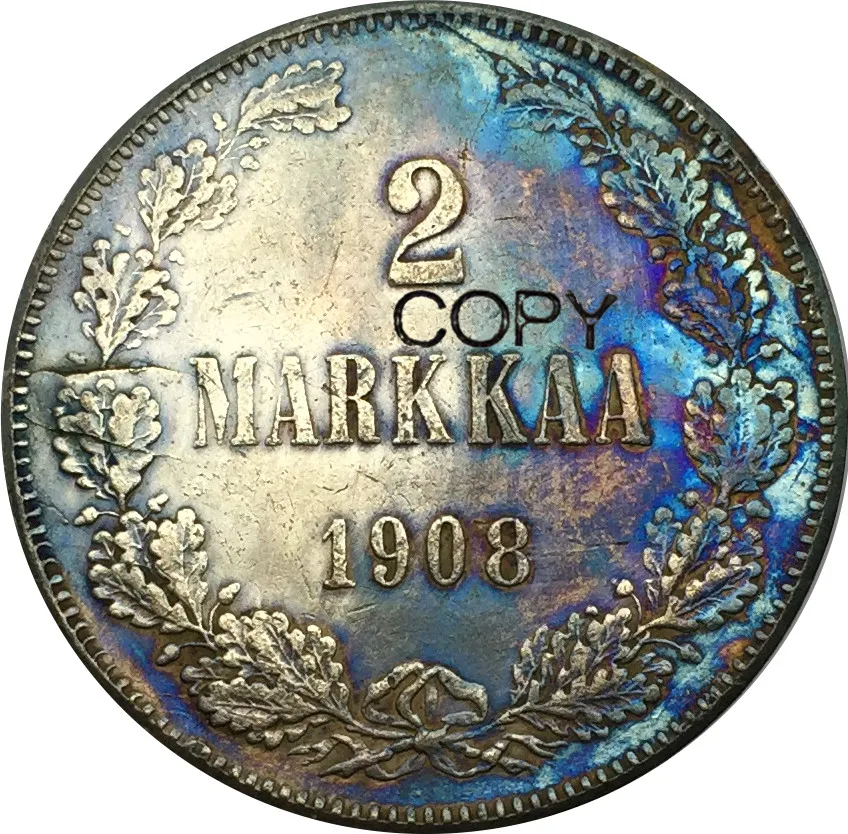 Finland 2 Markkaa-Aleksandr II/Nikolai II 1908 латунные посеребренные копии монет