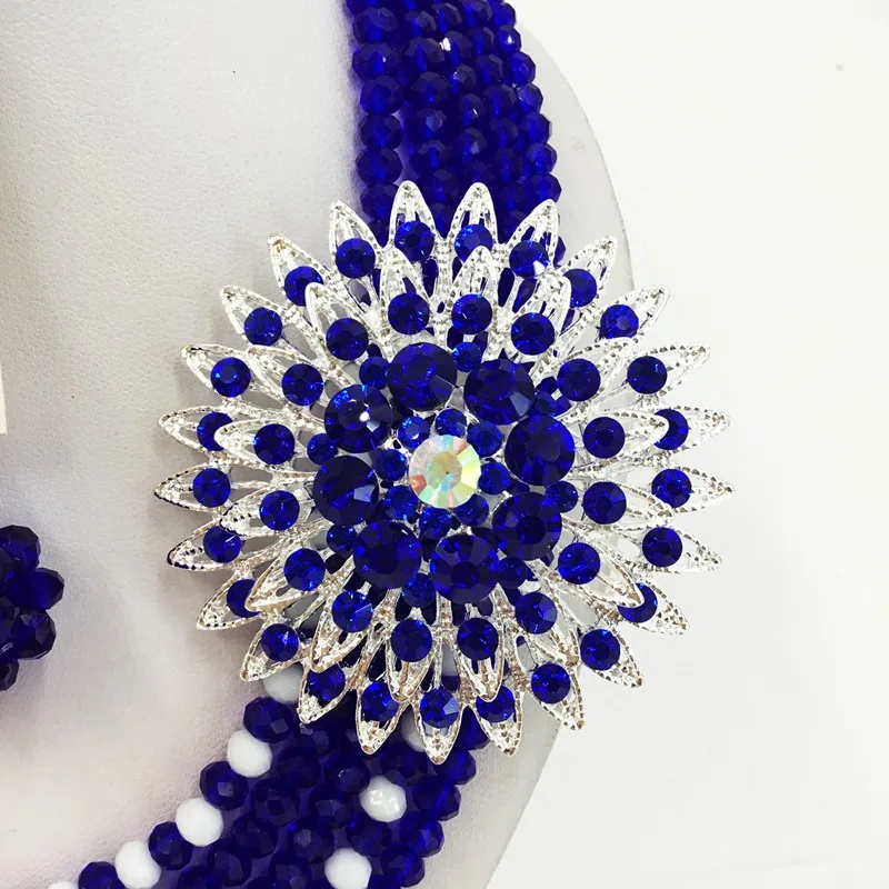 Оптовая цена Шёлково-синие непрозрачные белые классические африканские стильные хрустальные бусы юбилейные ювелирные наборы для женщин 5C-ST-32.