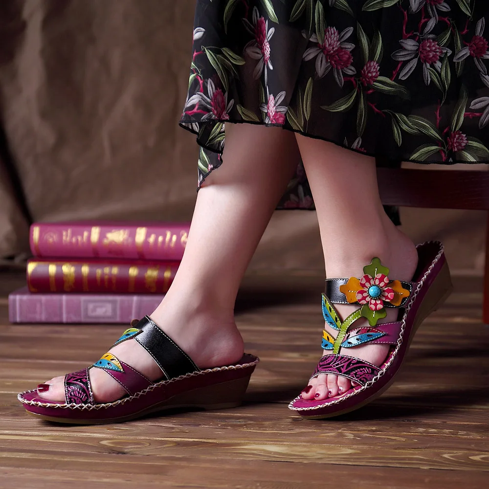 

Socofy Bohemian Slippers Women Genuine Leather Shoes Woman Summer Sandals Hook Loop Retro Bohemia Wedge Heel Slides Slippers New